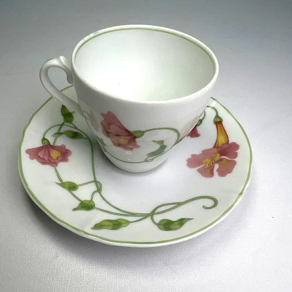 Denby-Langley Your Majesty Flat Demitasse Porcelain Cup Saucer Set Trumpet Vine